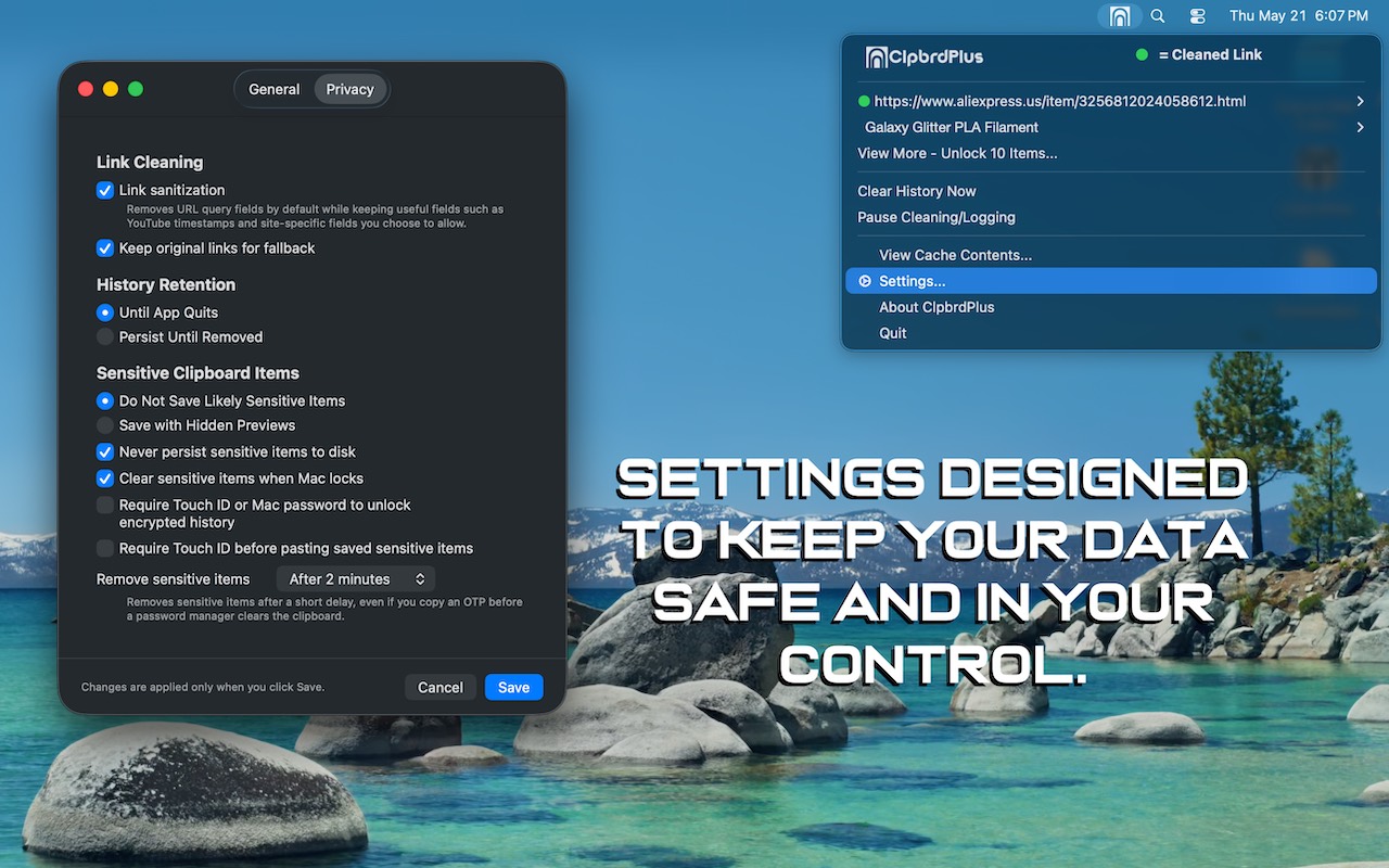 ClpbrdPlus privacy settings and clipboard menu